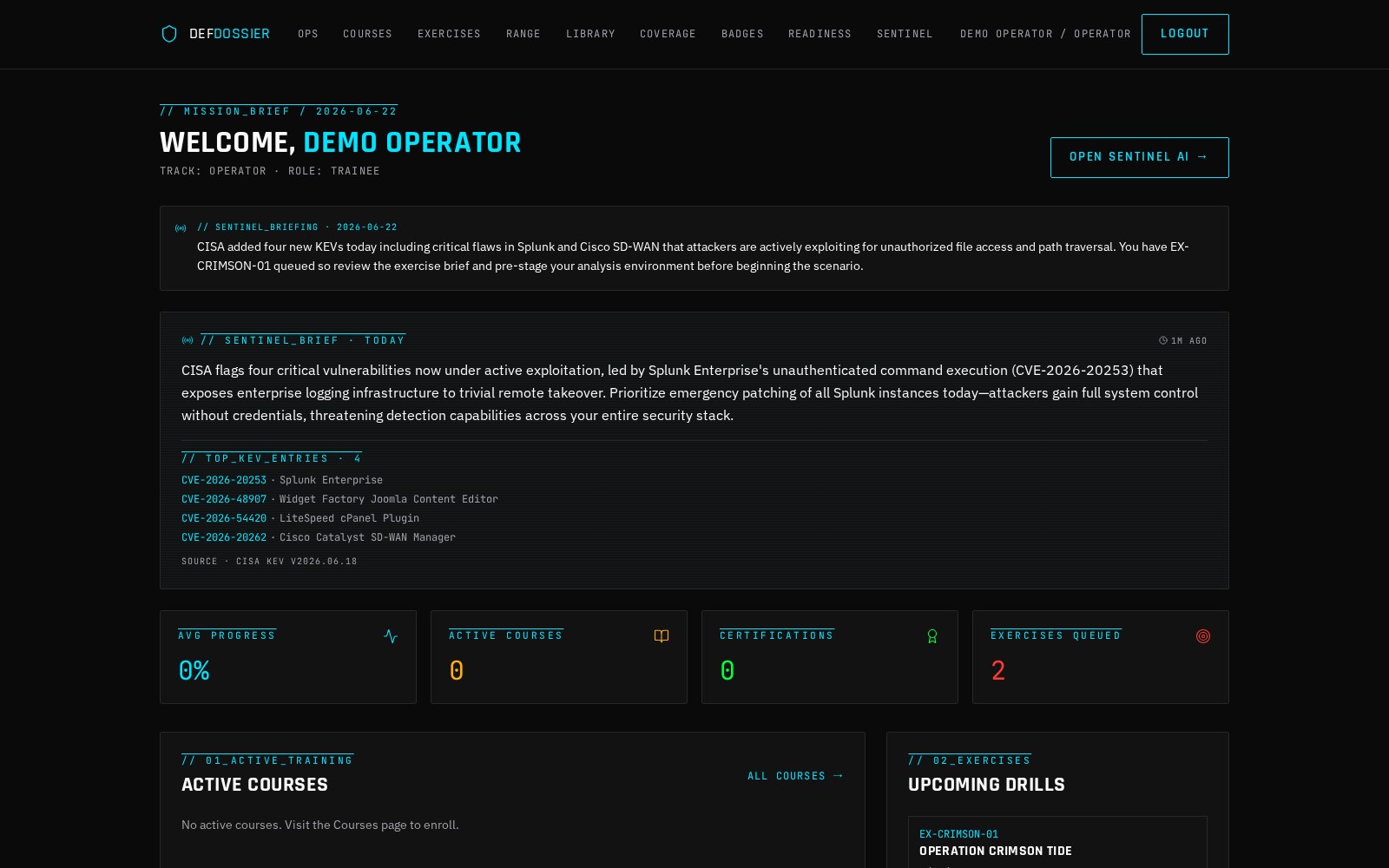 DefDossier compliance dashboard showing the daily Sentinel briefing, CISA KEV intel feed, training KPIs and queued exercises.